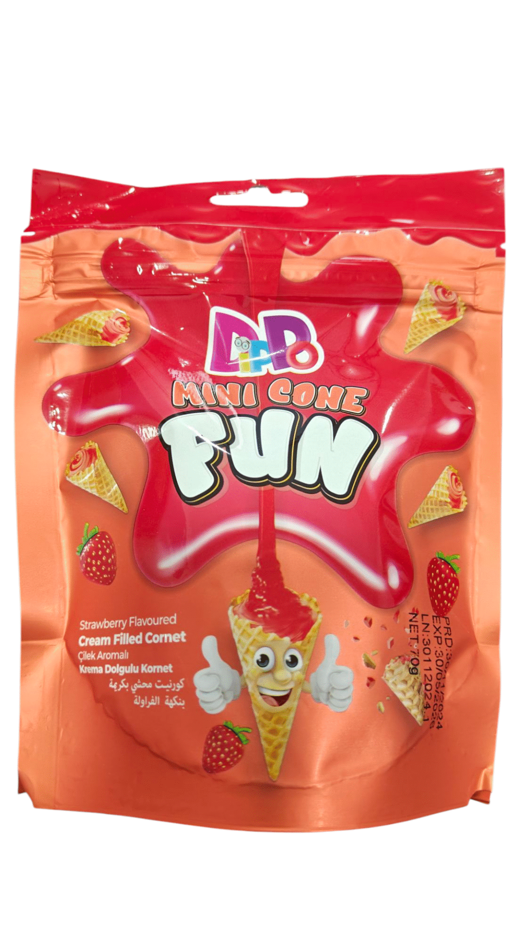 DIPPO MINI CONE FUN STRAWBERRY FILLED 70GR