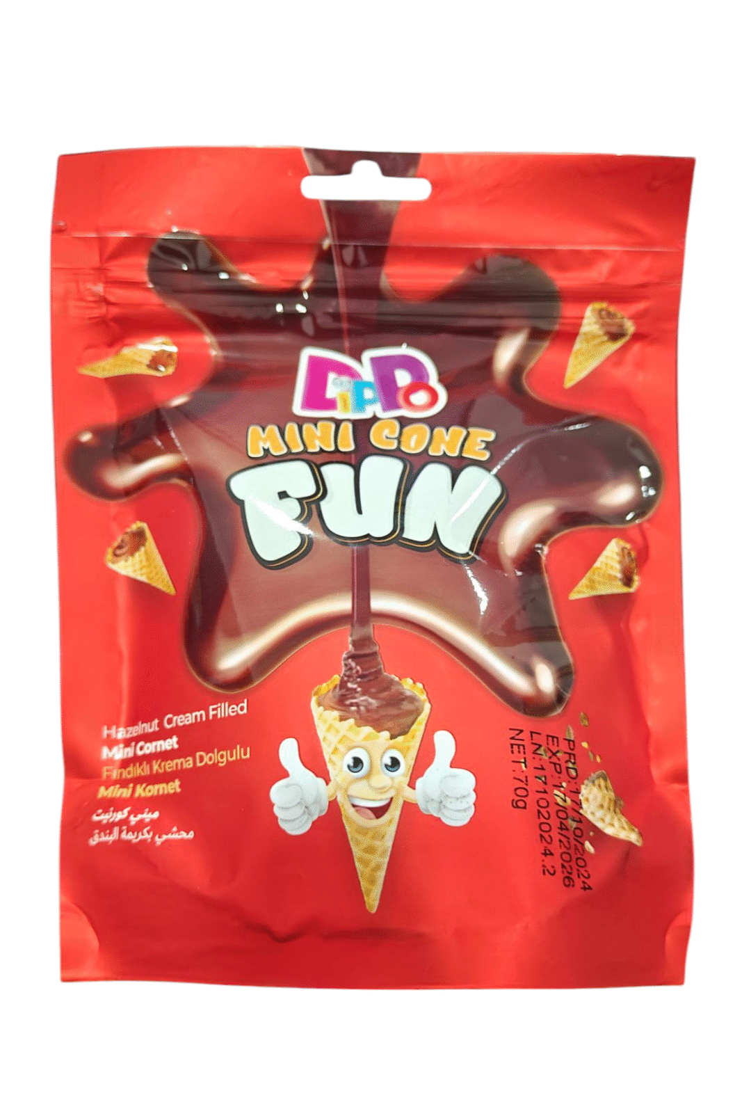 DIPPO MINI CONE FUN COCOA AND HAZELNUT FILLED 70GR